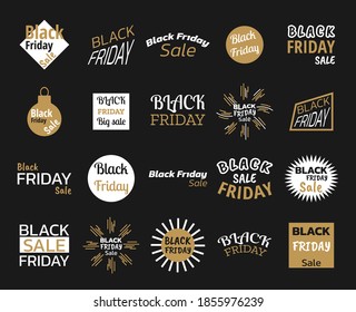 Black friday sale label tag set. For design, list, page, style brochure layout, banner, cover, booklet, flyer, book, blank, card, ad, sign, poster, icon. Vector illustration on dark background. 