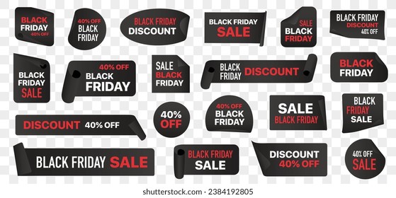 Black Friday sale label tags. Discount sticker collection for Black Friday. Black Friday sale ribbon banners. Promotion, advertising, marketing sticker labels for Black Friday