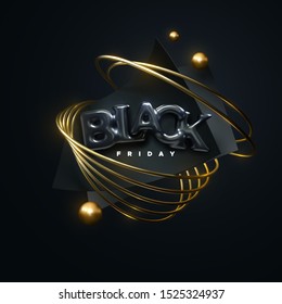 Black Friday Sale label. Vector ad illustration. Promotional marketing discount event. Realistic 3d composition with abstract geometric primitives. Design element for sale banners, posters, cards