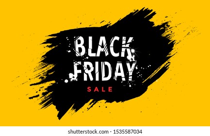 Black Friday Sale label. Vector and illustration. Promotional marketing discount event. Isolated. Realistic lettering with black and yellow liquid droplets. Design for sale banners, posters, cards