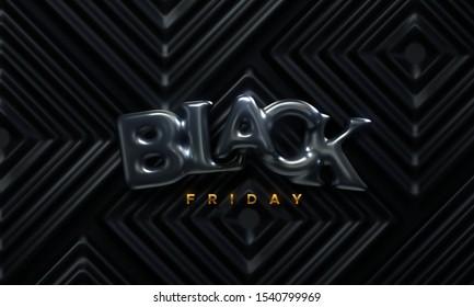 Black Friday Sale label. Vector ads illustration. Promotional marketing event. Glossy rubber letters on black tiled geometric background. Design element for sale or discount banners, posters, cards