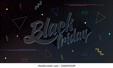 Black Friday Sale label. Vector illustration. Promotional marketing discount event. Retro style lettering on black background. Design element for sale banner, poster, card, webpage, template easy edit