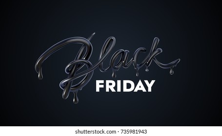 Black Friday Sale label. Vector ad illustration. Promotional marketing discount event. Realistic 3d lettering with black liquid droplets. Design element for sale banners, posters, cards