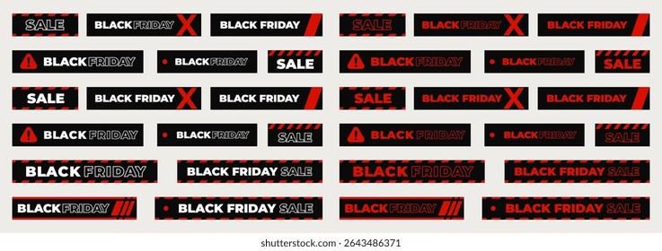 Black Friday Sale Labels and Banners Collection in Bold Red and Black Style, Perfect for Web, Print, Digital Product, Social Media, E-Commerce Promotions. Vector Illustration.
