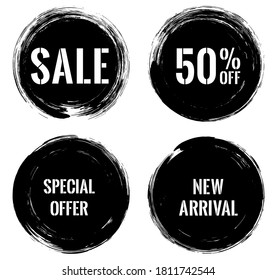 Black friday sale labels with grunge painted circle backgrounds. 50% off, special offer, new arrival sale labels. White text on black. Grunge stamps for flyers, banner stickers, web buttons