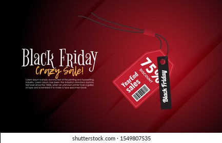 Black friday sale landing page. Red to black gradient backgroud. Discount banner shape. Sale 75% off price tag. Black Friday banner. Vector promotion shopping illustration. Modern concept design.