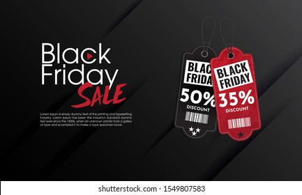 Black friday sale landing page. Discount banner shape. Sale 50% and 35% off price tag. Black Friday banner. Vector promotion shopping illustration. Modern concept design.
