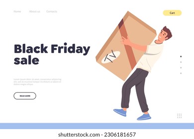 Black friday sale landing page design template with happy man buyer character carrying new TV set