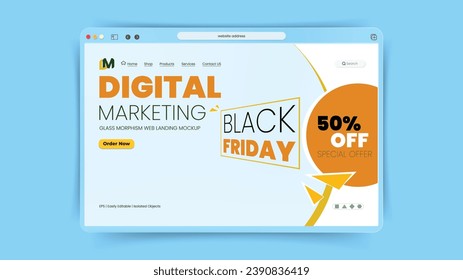 Black Friday sale landing page design template in glass morphism style with baby blue backdrop. 50% sale offer easily editable with geometric shape simple and elegant design