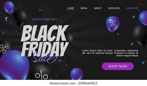 Black Friday Landing Page Vorlage mit blauen, violetten und schwarzen Ballons