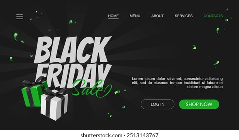 Black Friday sale landing page template with green and white gift boxes