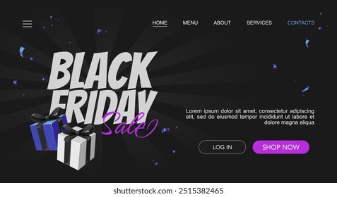 Black Friday Sale landing page template with blue gift boxes