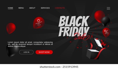 Black Friday sale landing page template with red and black balloons and gift box