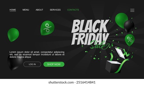 Modelo de página de aterrissagem de venda Black Friday com balões verdes e pretos e caixa de presente