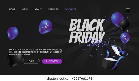 Black Friday sale landing page template with blue purple and black balloons and gift box