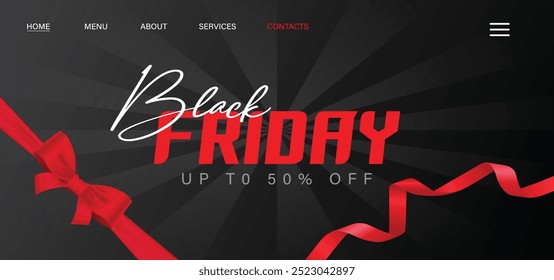 Black Friday sale landing page template with red ribbon on black background
