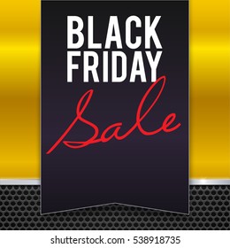 Black Friday sale large black banner, pennant, flag on a yellow background made of yellow painted metal with metal strip and mesh