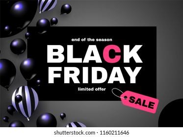 Black Friday Sale Layout Template with 3D Realistic Balloons. Vector illustration