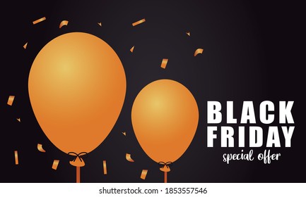 black friday sale lettering banner with golden balloons helium in black background vector illustration design