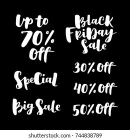 Black friday sale lettering set. Advertising Poster design. Sale Discount Banner Label style. Vector hand drawn illustration