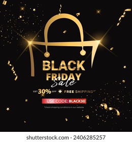 Black Friday Sale with Light on black background golden text, Black Friday Super Sale discount banner, sale up to 30% off with glitter gold confetti, 