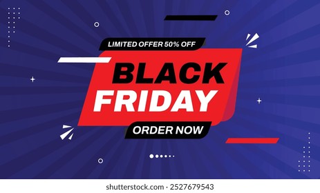 Black Friday Sale Limited Offer Get 50% Off Order Now with Exclusive Banner Templates Featuring Red, Black, White, Purple Gradient Backgrounds and Stylish Element Shapes for Eye-Catching Designs