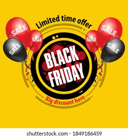 Black Friday, sale, limited time. Discount coupon, banner, with inscriptions, round composition and balls on a yellow background. Composition isolated on yellow background.