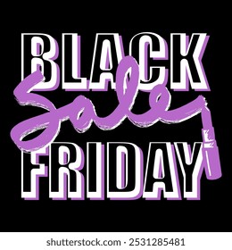 Black Friday Sale com batom em fundo preto. Design moderno com tipografia preta, branca e roxa. Ilustração de vetor de modelo criativo para marketing. Adequado para cartão, fundo, banner, 