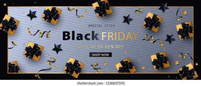 Black Friday Sale long horizontal banner, or flyer design with confetti, gold gift boxes with black bows and black stars. Trendy modern design template for advertisement, social and fashion ads.
