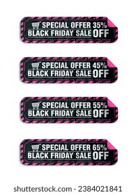 Black friday sale, long stickers set. Sale 35%, 45%, 55%, 65% off discount. Vector illustration