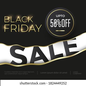 Black Friday Sale luxury banner with golden text and elements. Vector illustration