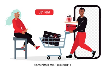 Black Friday Sale. A Man Makes a Gift to a Woman.  Shopping Illustration. Sale Promotion. Surprise, Gifts, Presents. Phone Mockup With Transparent Background. 
