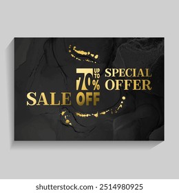 Black Friday sale marketing banners vector design. Advertising banners with fluid backgrounds, gold drop blots. Sale banners, up to 70% off special offer advert design. Best price discount, gold stain