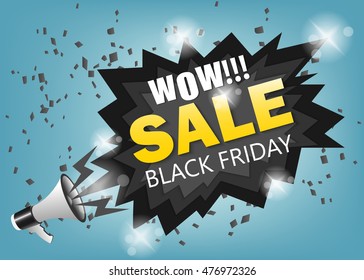 Black Friday sale message bubble speech vector illustration with bullhorn, promotion or sale sticker horn label, megaphone presentation poster.