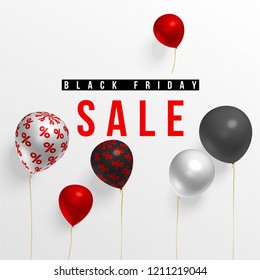 Black Friday sale minimal cover design. creative balloons with percent sign on light background.