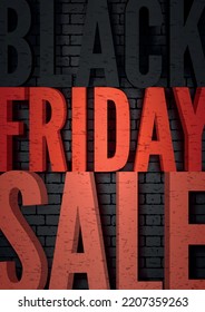 Venta de viernes en negro plantilla mínima de volante vectorial. Letras en mayúscula roja sobre fondo de pared de ladrillo oscuro. Aviso de limpieza estacional de estilo grunge. Gran oferta de descuento diseño de banner promocional