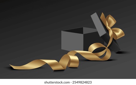 Black Friday sale mockup design template. Open empty black gift box with yellow swirl long ribbon and bow on black background. Vector stock illustration.