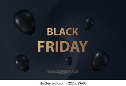 Black friday sale mockup template. On a dark background, black flying balls. Vector illustration