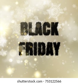 Black Friday sale. Modern golden bokeh template with snowflakes.