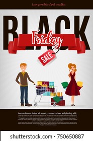 Black Friday sale modern poster, banner. Young caucasian white couple holding a lot of purchases after shopping on a Black Friday sale. Vector cartoon illustration.