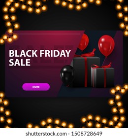 Black friday sale, modern purple 3D discount banner with balloons and gifts