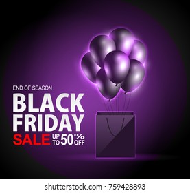 black friday sale neon with bag and balloon vector banners. illustration.