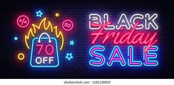 Black Friday Sale Neon Banner Vector. Black Friday neon sign, design template, modern trend design, night neon signboard, night bright advertising, light banner, light art. Vector illustration