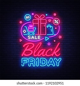 Black Friday Sale Neon Banner Vector. Black Friday neon sign, design template, modern trend design, night neon signboard, night bright advertising, light banner, light art. Vector illustration