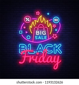 Black Friday Sale neon banner vector design template. Black Friday Big discounts neon logo, light banner design element colorful modern design trend, night bright advertising, bright sign. Vector