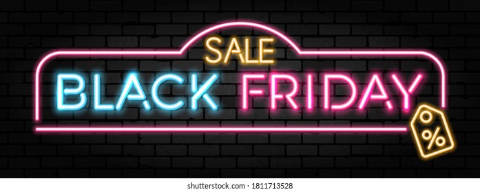 Black Friday Sale neon banner. Design signboard for blackfriday sale on brickwall texture. Realistic vector illustration.