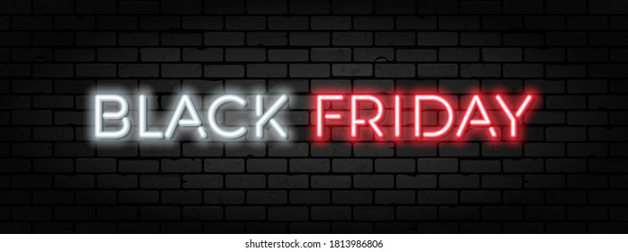 Black Friday Sale neon banner. Design signboard for black friday sale on brick wall texture. Glowing white and red neon letters. Realistic vector illustration