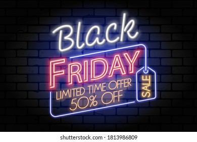 Black Friday Sale neon banner. Design signboard for blackfriday sale with tag on brickwall texture. Glowing white and red neon letters. Realistic vector illustration.