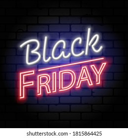 Black Friday Sale neon banner. Design signboard for blackfriday sale on brickwall texture. Glowing white and red neon letters. Realistic vector illustration.