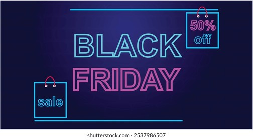 Black Friday Sale neon banner. Design signboard for black Friday sale on brick wall texture. Glowing blue  and pink neon letters in frame. 